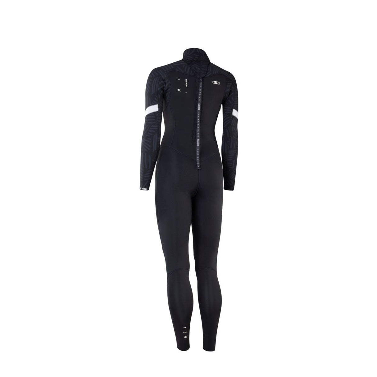 ION Element 5/4 Back Zip Neoprenanzug Damen schwarz Frontansicht, 5mm Neoprenstärke, weiße Schulterstreifen, Rückverschluss
