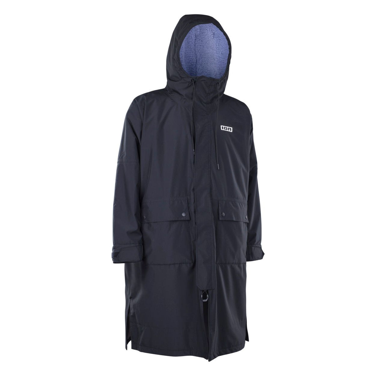 ION Storm Coat unisex 2026 in Schwarz mit Kapuze, Frontansicht, wasserdichte Funktionsjacke aus Kunstfasern