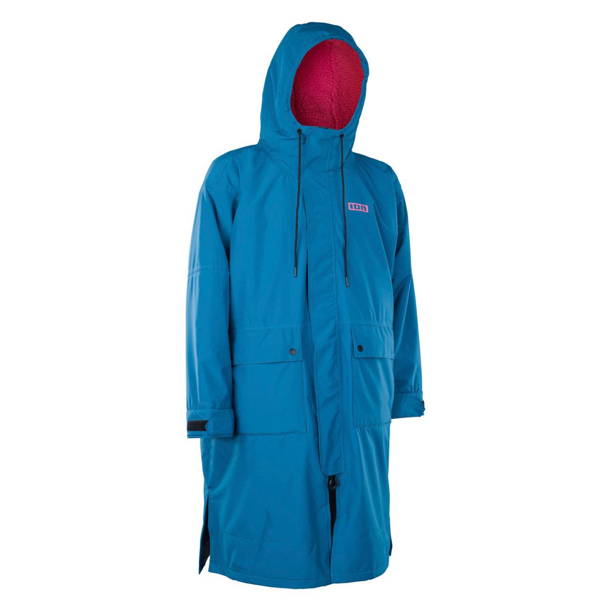 ION Storm Coat Unisex 2026 in Blau mit Kapuze und magentafarbenem Futter, Frontansicht