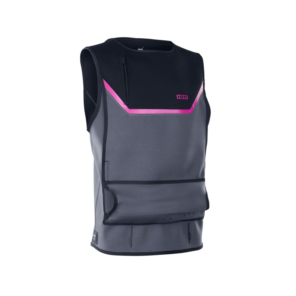 ION Neo Jacket Jam ärmellose Neopren-Weste in Schwarz und Grau mit pinkem Design, Frontansicht