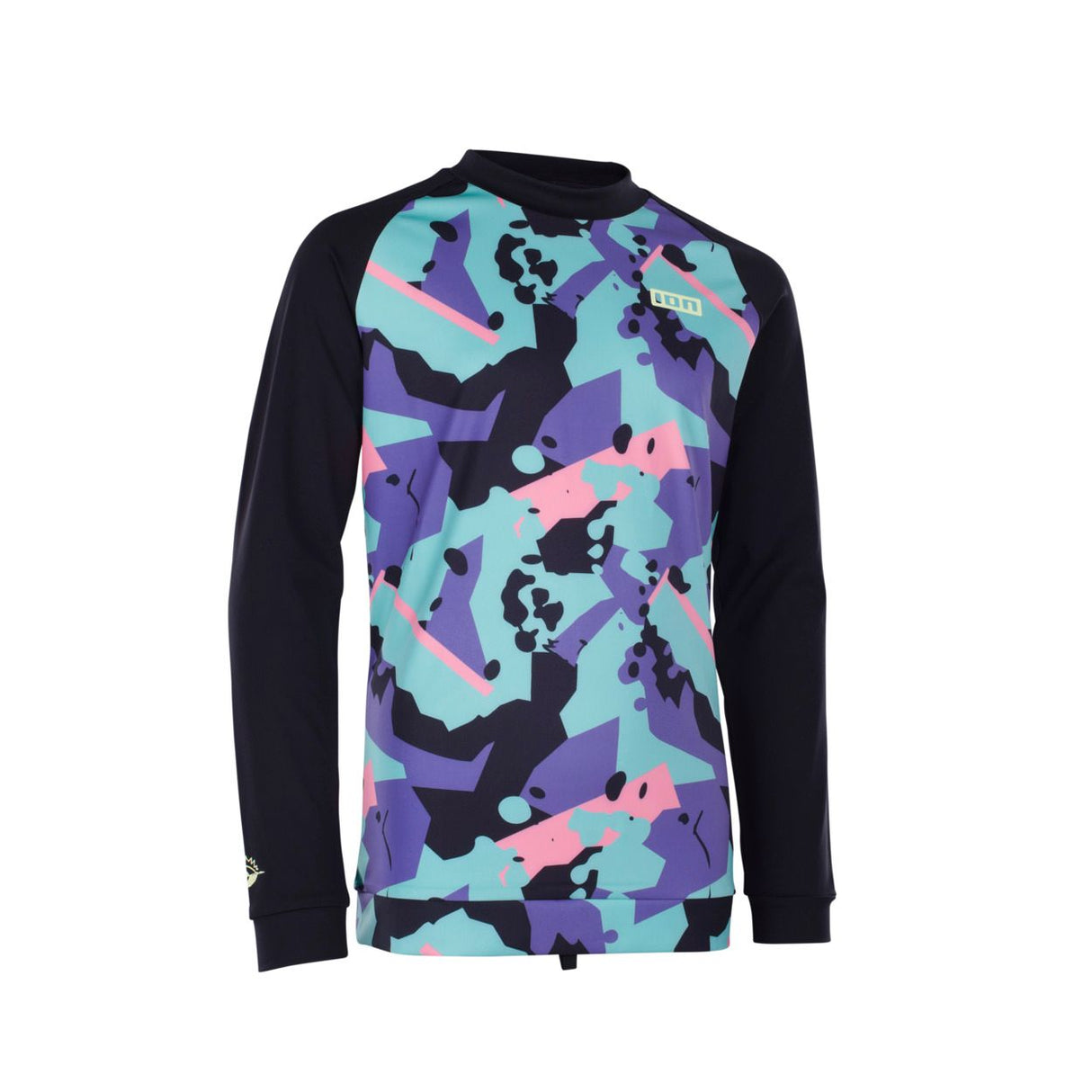 ION Capture Junior 2026 Neoprenanzug mit farbigem Camouflage-Muster und schwarzen Ärmeln, Frontalansicht