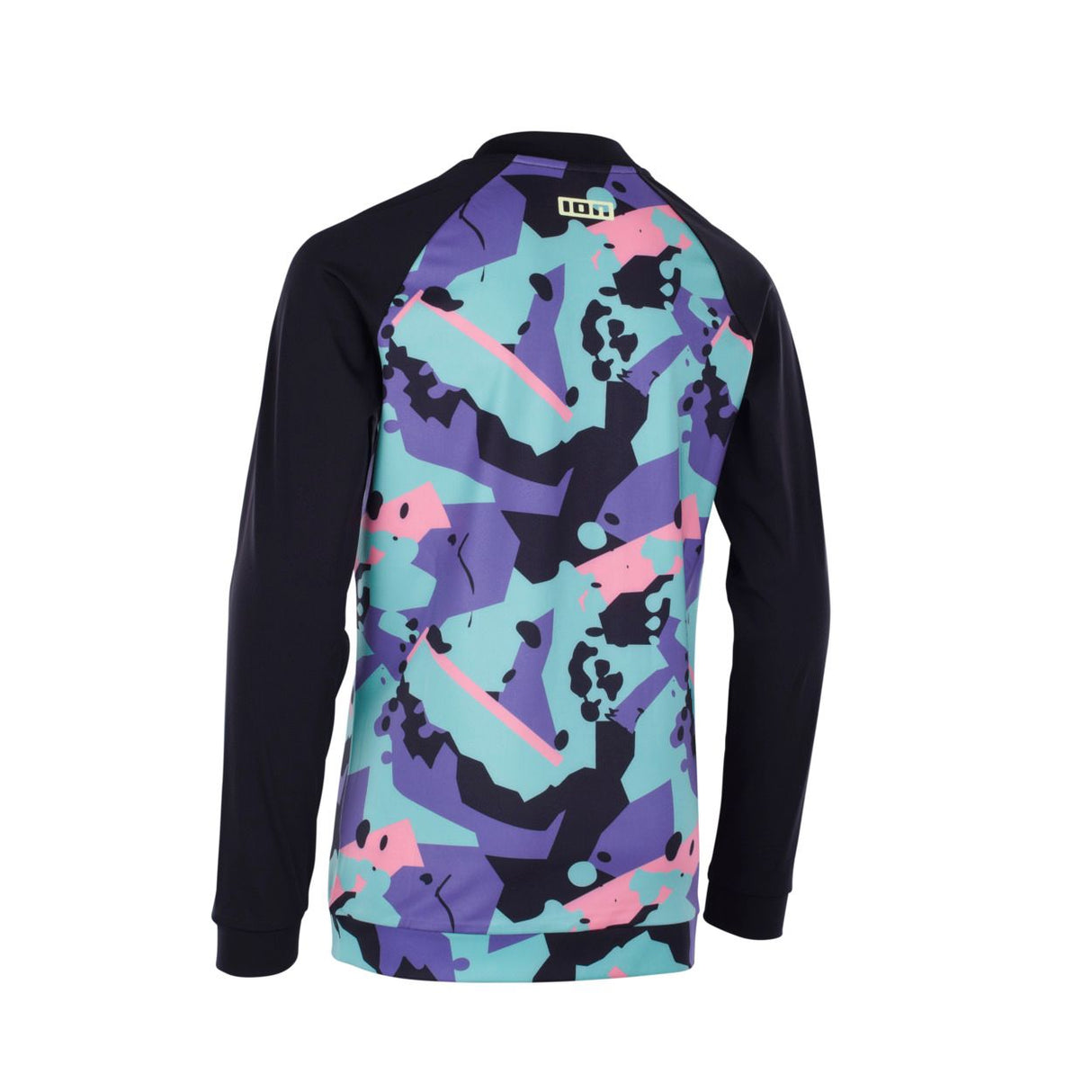 ION Capture Junior 2026 Neoprenanzug mit schwarzen Ärmeln und buntem Camouflage-Muster in Blau, Lila und Rosa, Vorderansicht