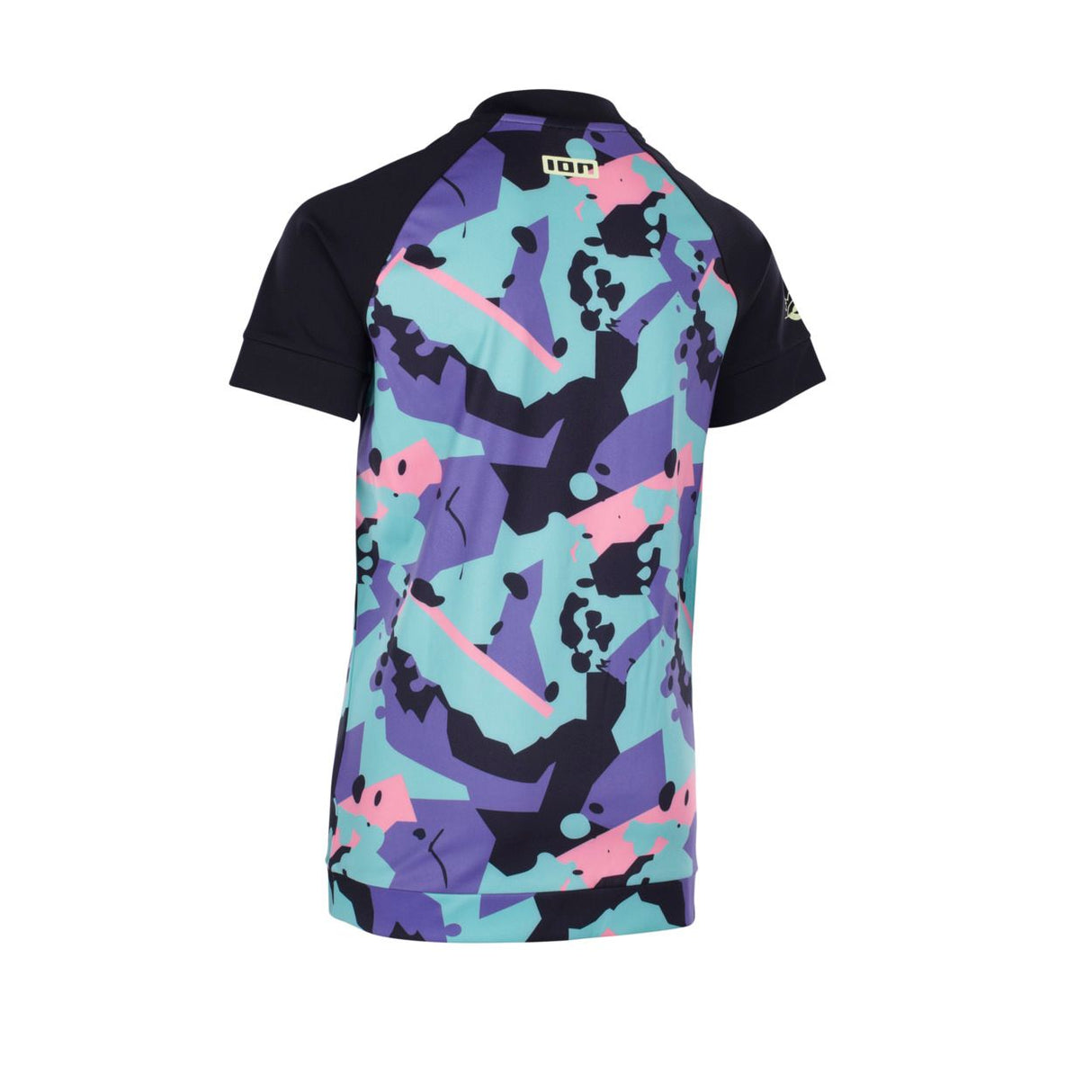 ION Rashguard Capture 2026 Kinder-Badeshirt mit buntem Camouflage-Print in Blau, Pink und Violett, Frontansicht