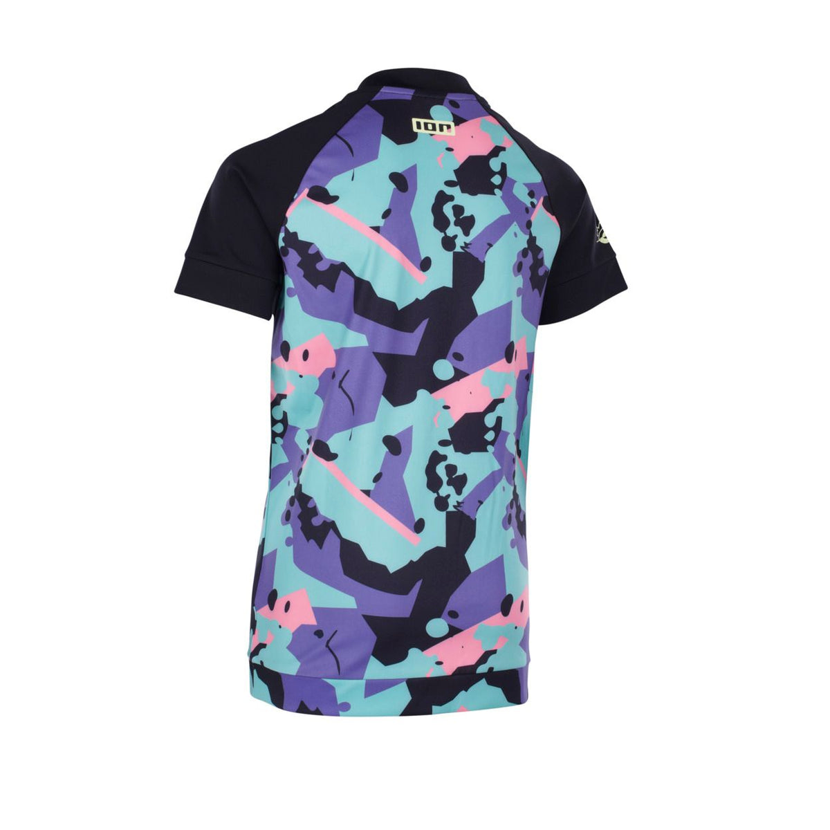 ION Rashguard Capture 2026 Kinder-Badeshirt mit buntem Camouflage-Print in Blau, Pink und Violett, Frontansicht