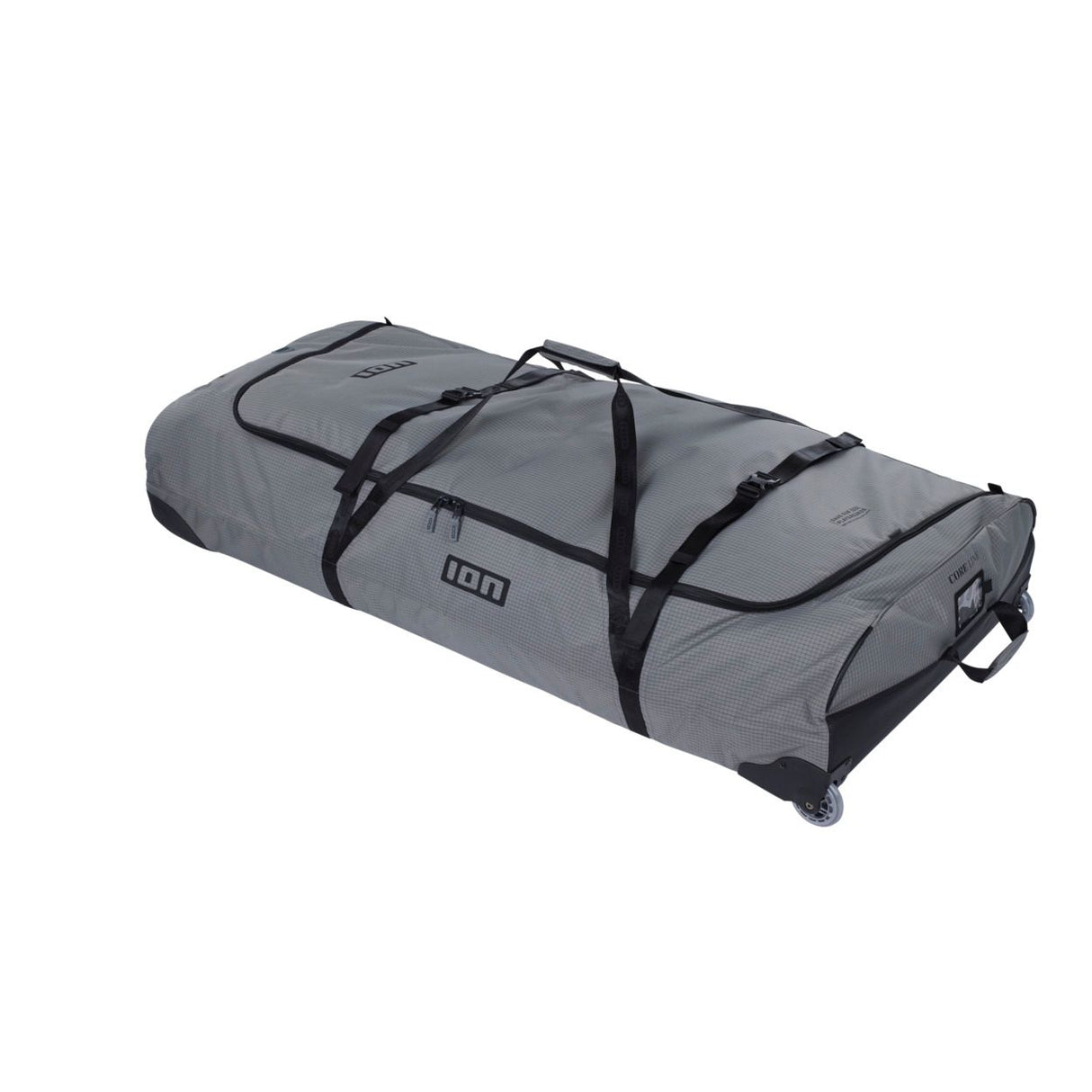 ION Wing Gearbag Core 2024 Tragetasche grau mit schwarzen Riemen und Rollen, Seitensicht