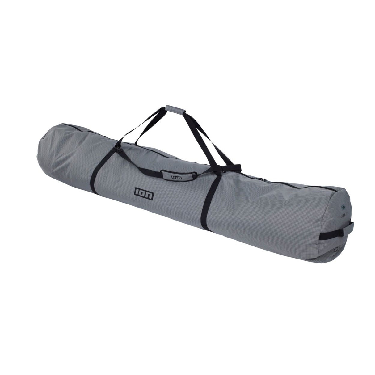 ION Windsurf Quiverbag Core 2026, grau, Transporttasche mit schwarzen Trägern und Riemen, Seitenperspektive