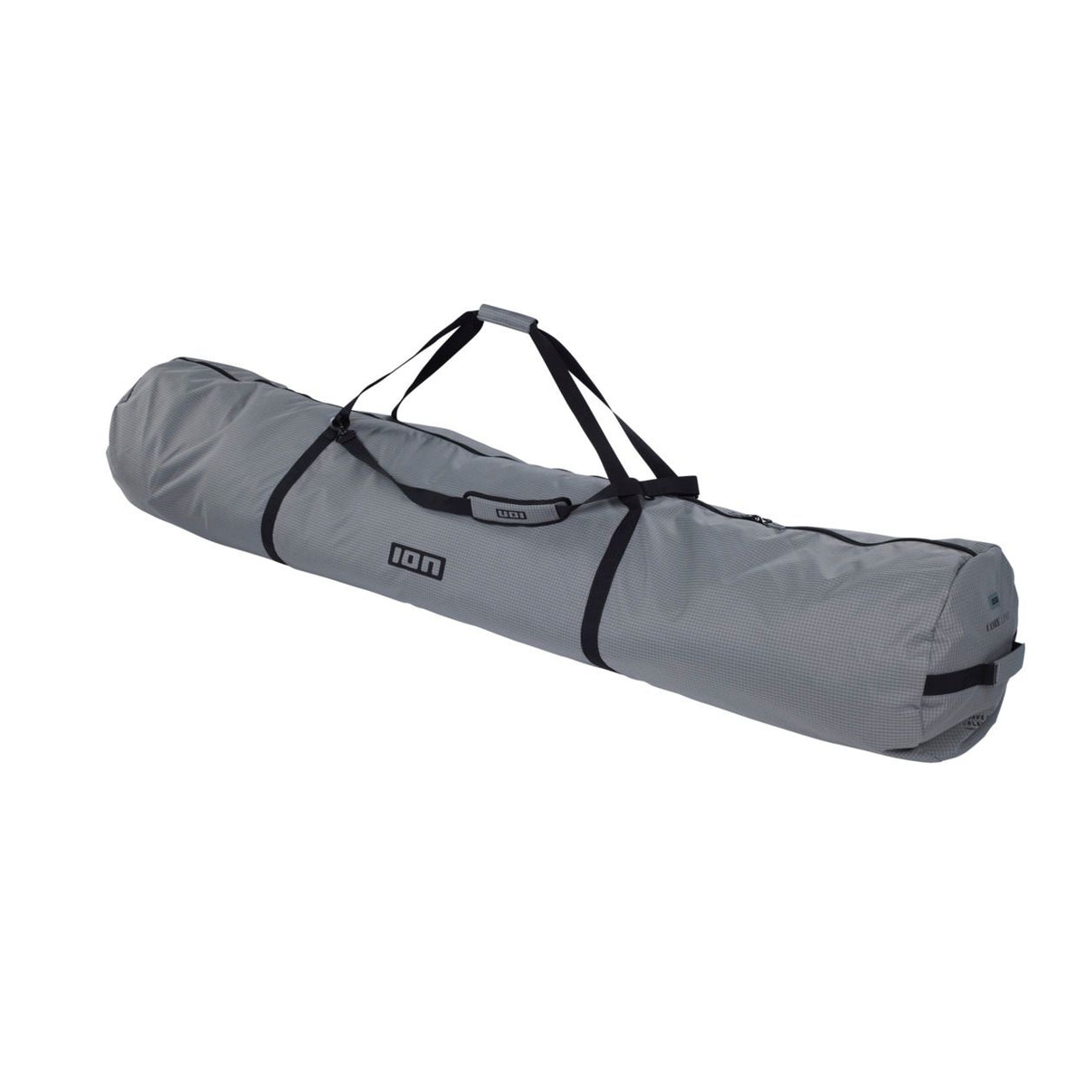 ION Windsurf Quiverbag Core 2026, grau, Transporttasche mit schwarzen Trägern und Riemen, Seitenperspektive