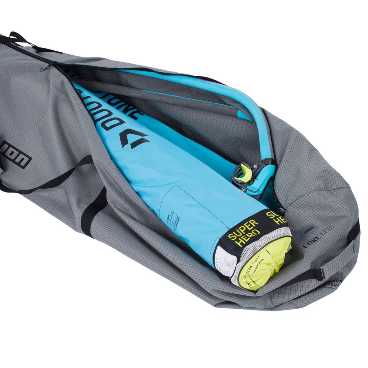 ION Windsurf Quiverbag Core 2026 Transporttasche grau blau geöffnet mit Segel Seitenansicht