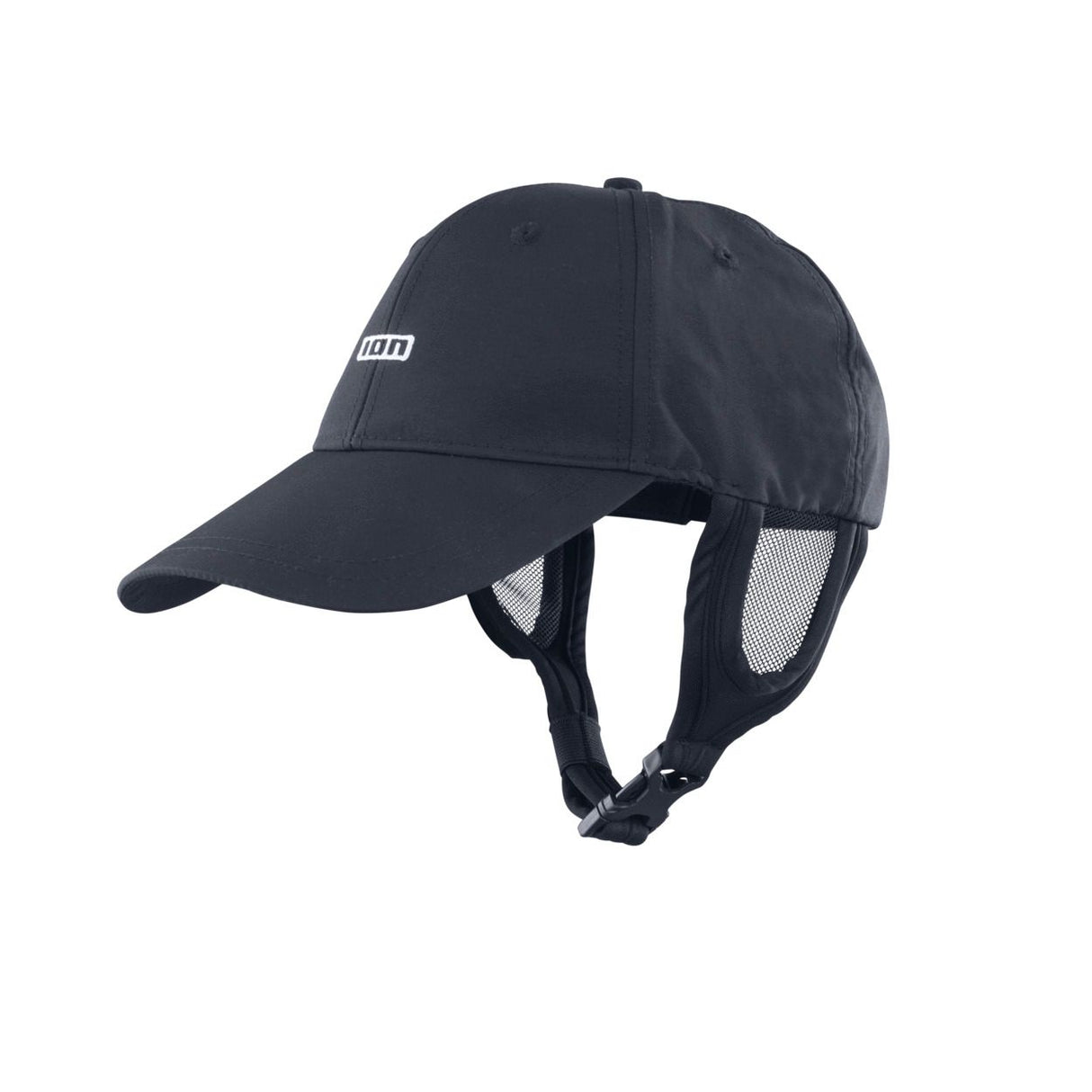 ION Surf Cap 2026 schwarz mit Kinnriemen und Netzseiten, Frontalansicht