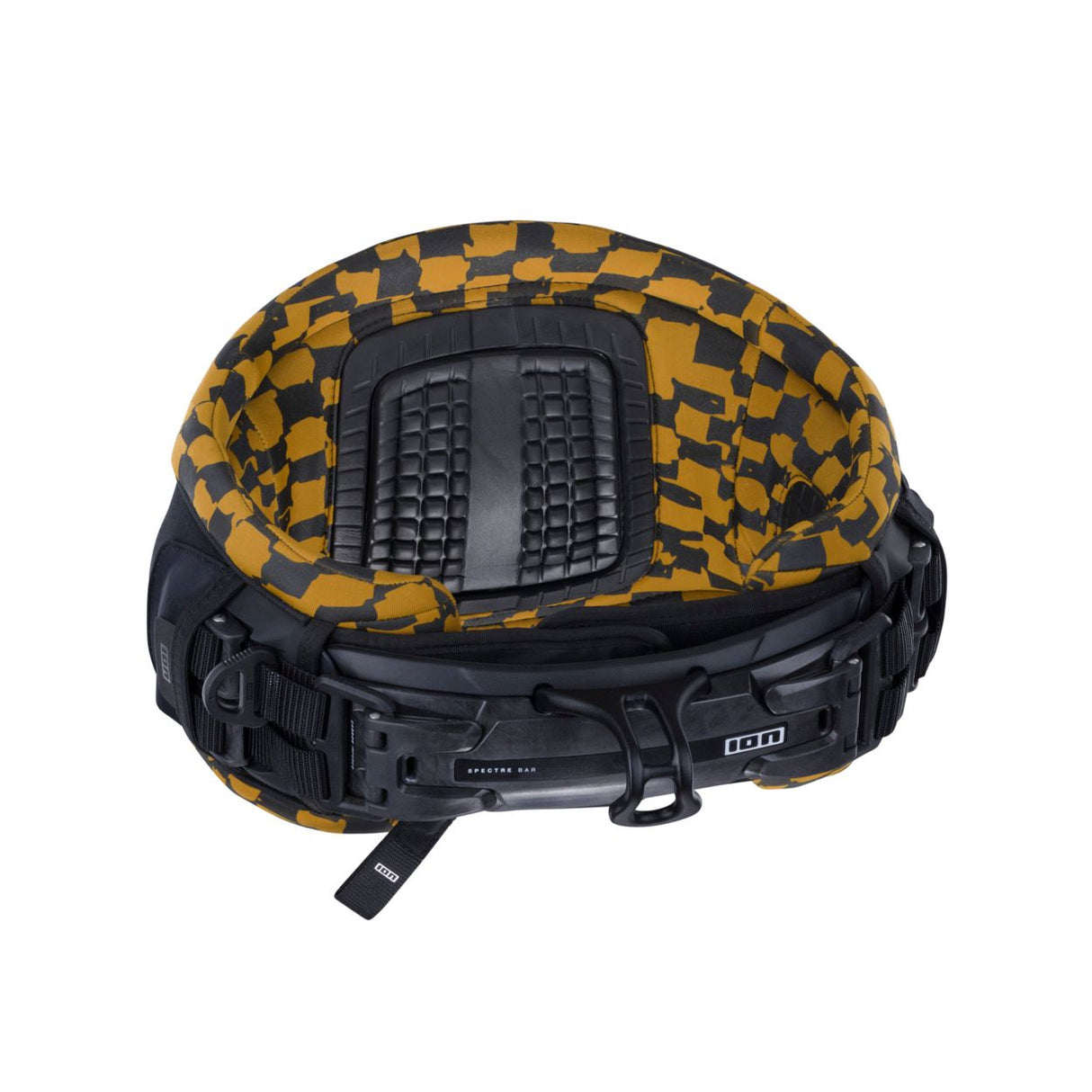 ION Riot Curv 2026 Kitesurf-Trapez schwarz-gold kariert, Draufsicht mit Polsterung und Verschlüssen