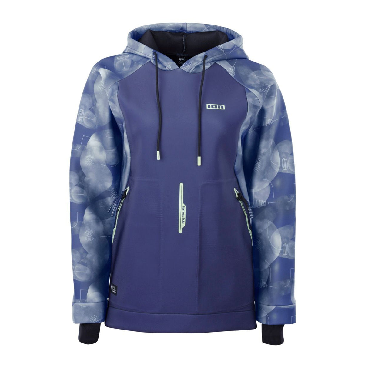 ION Neo Hoody Lite Women 2026 Neopren-Kapuzenjacke in Marineblau mit gemustertem Design, Frontalansicht