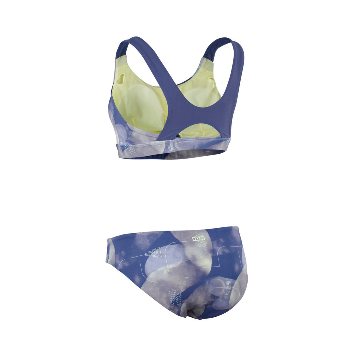ION Sportkini Damen 2026 zweiteiliger Badeanzug in Blau und Gelb, Frontansicht mit Sportoberteil und Bikinihose