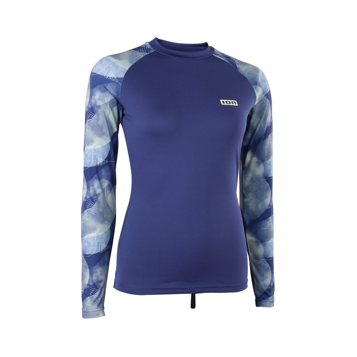 ION Lizz LS 2026 Damen Langarm-Neoprenshirt dunkelblau mit gemustertem Ärmel, Frontansicht