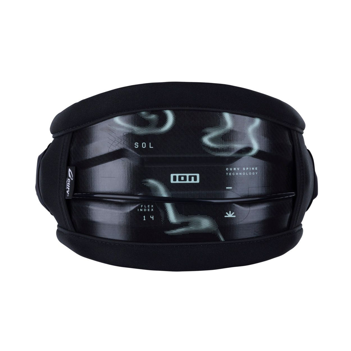 ION Sol Curv 2026 Trapez schwarz mit Wabenstruktur, Frontansicht, Kite-Waist mit ION-Branding