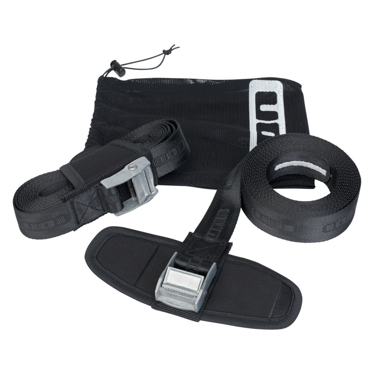 ION Roof Straps 2026 schwarze Befestigungsgurte mit Metallschnallen und Transporttasche, Frontansicht