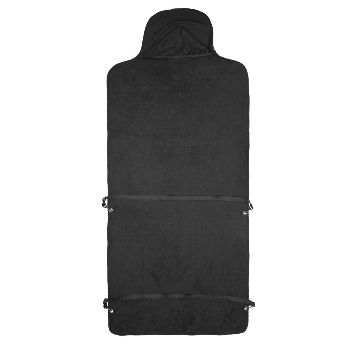 ION Seat Towel Waterproofed 2026 schwarz, wasserabweisend, Frontalansicht mit Befestigungsgurten