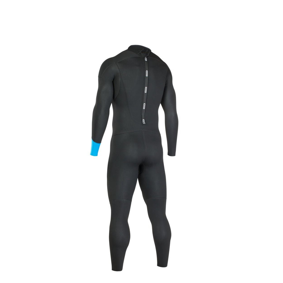ION Base 3/2 Back Zip Junior Neoprenanzug schwarz mit blauem Ärmelabschluss, Rückenreißverschluss, Ganzkörperansicht