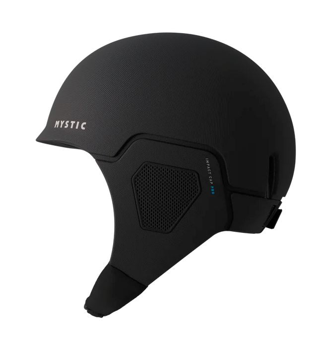 Mystic IMPACT 2024 Helm in Schwarz mit Neopren-Material und Ohrklappendetails, Seitenansicht