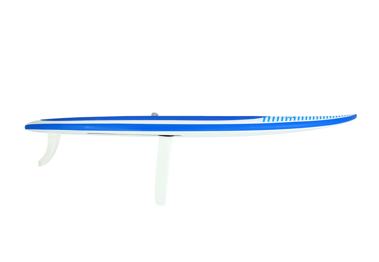 GA Start HD School Board 2026, blaues Surfboard mit weißen Finnen, Seitenansicht