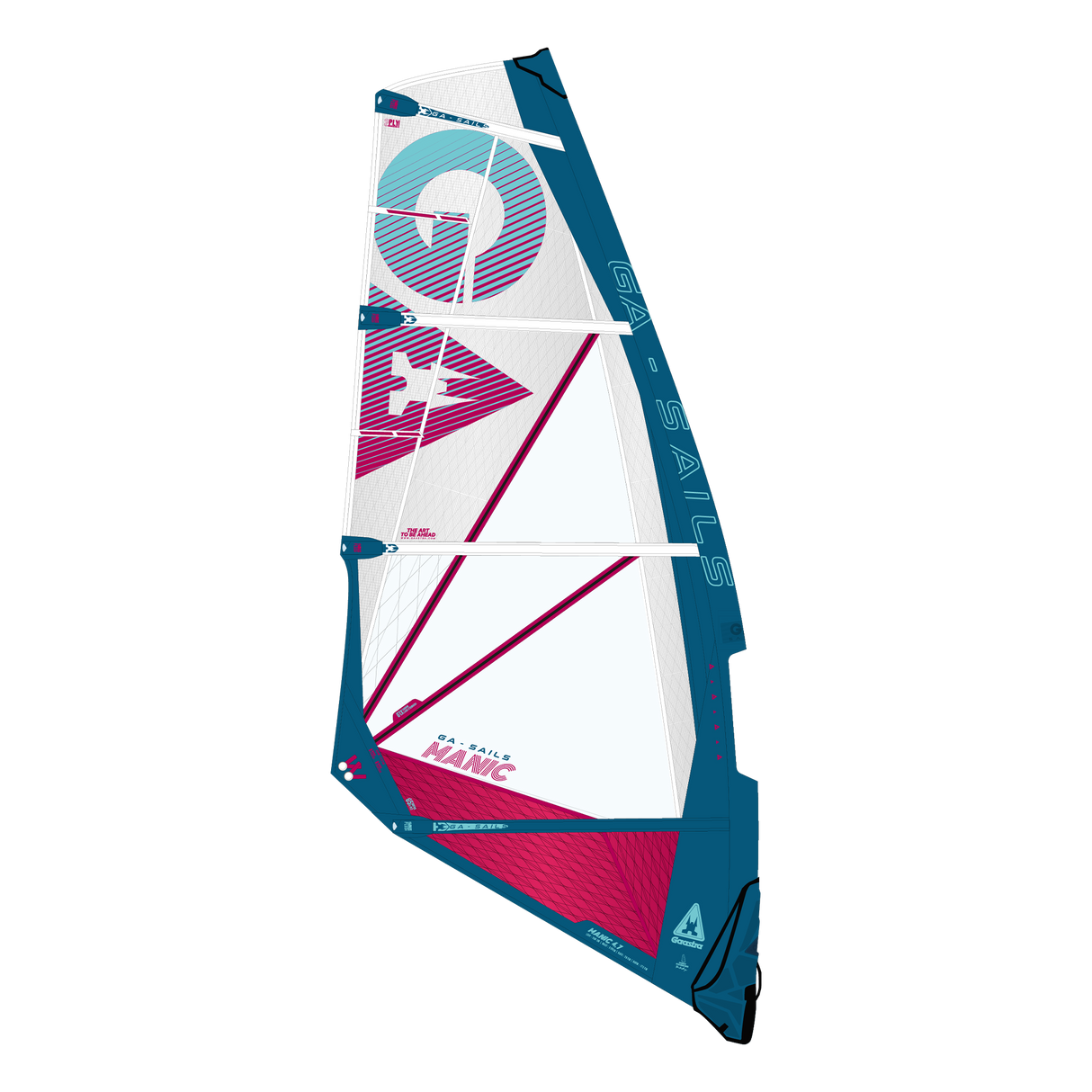 GA-Sails 2026 Manic Windsegel mit weißem Tuch, blauem Mast und magenta-pinken Designelementen, Frontalansicht