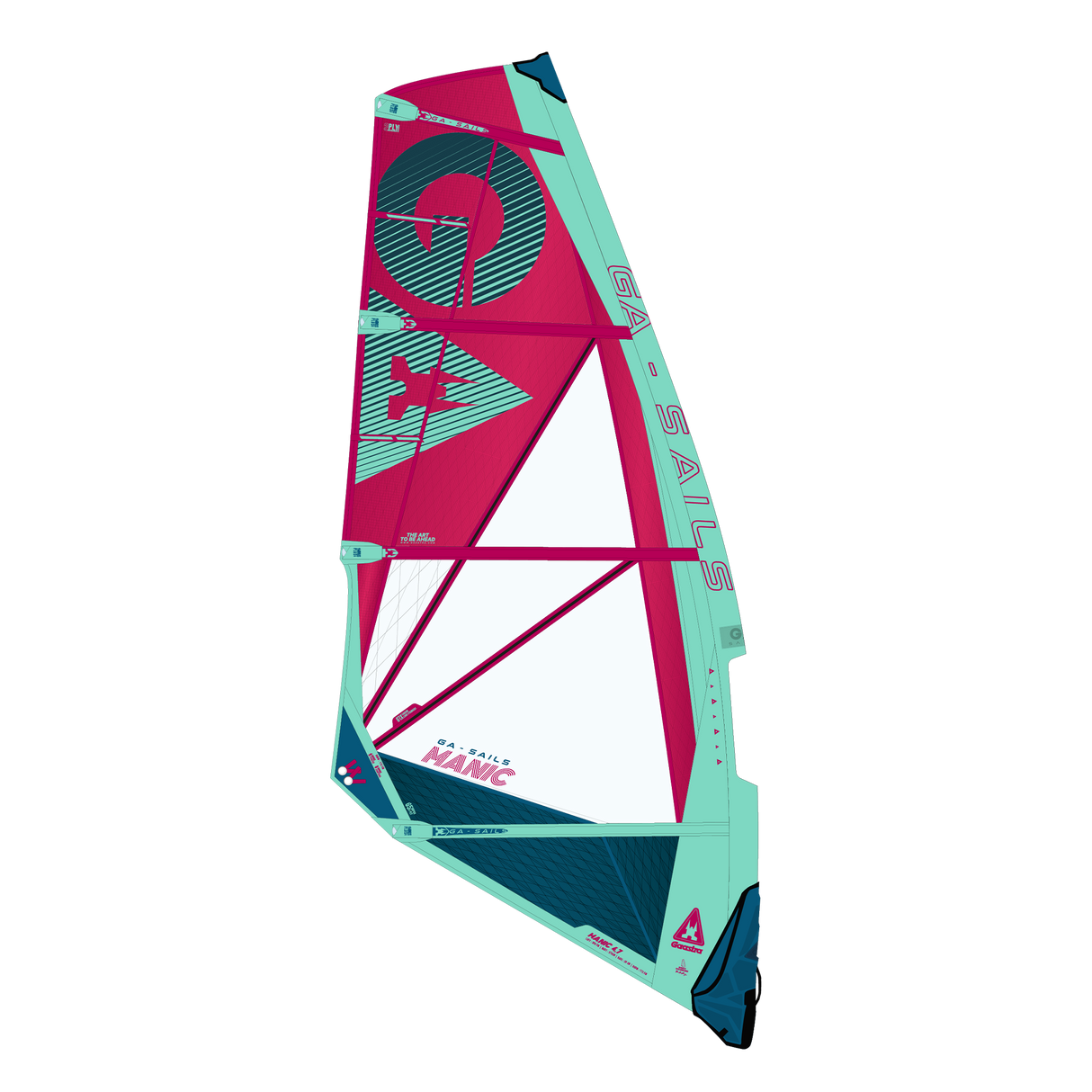 GA-Sails 2026 Manic Windsegel in Pink und Mint, Frontansicht mit geometrischem Design und Fenster