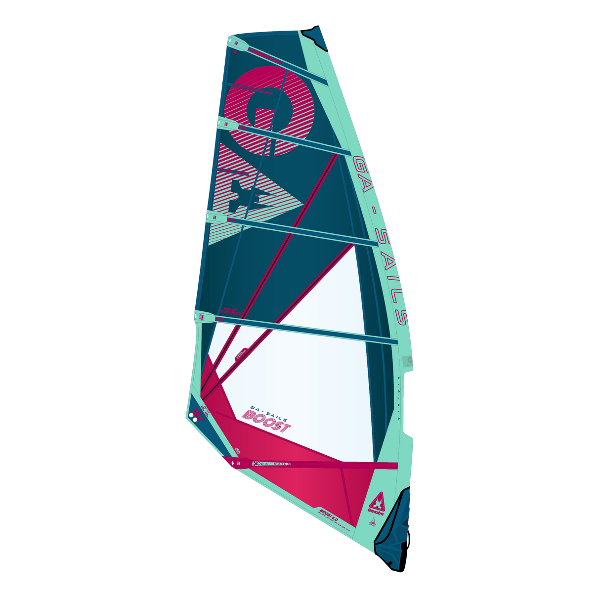 GA-Sails 2026 BOOST Windsegel in Mint-Grün, Pink und Dunkelblau mit grafischem Design, Frontalansicht