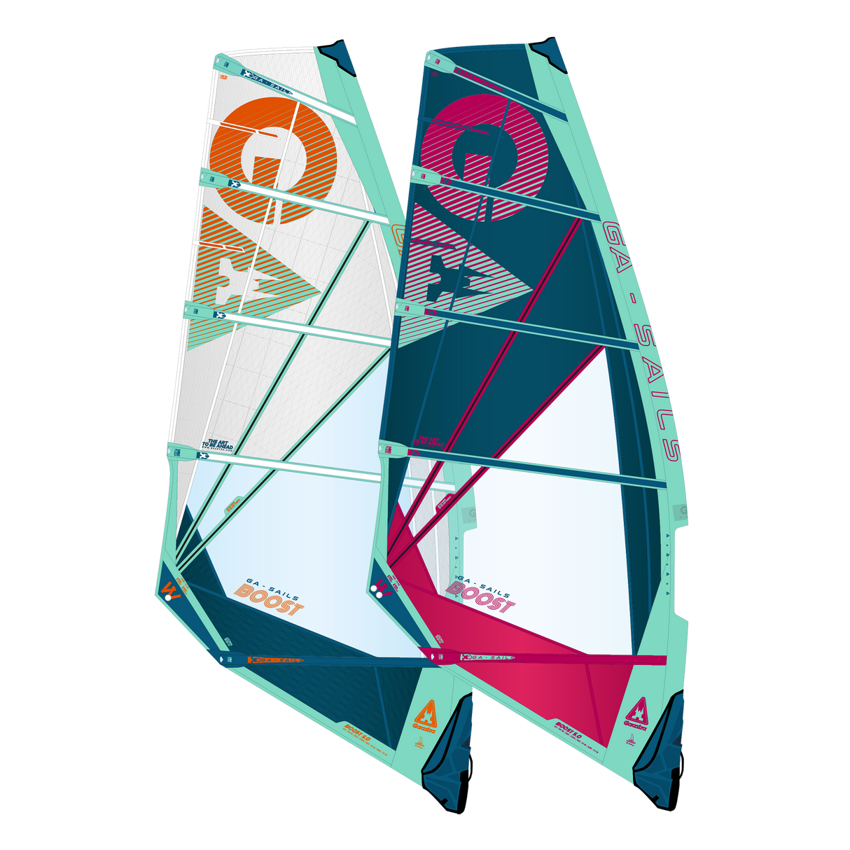 GA-Sails 2026 BOOST Windsurfegel Set, orange und pink mit Teal, Frontansicht zwei Segel nebeneinander