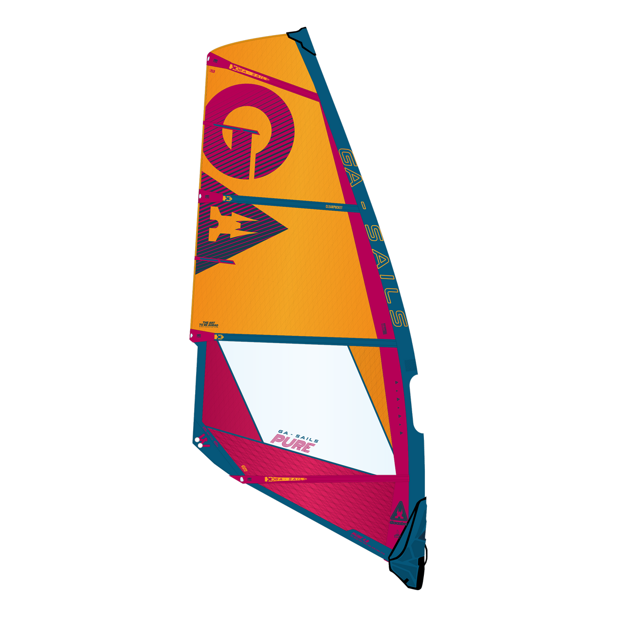 GA-Sails Pure 2026 Windsegel orange rot blau mit Logo und Markendetails, Frontalansicht