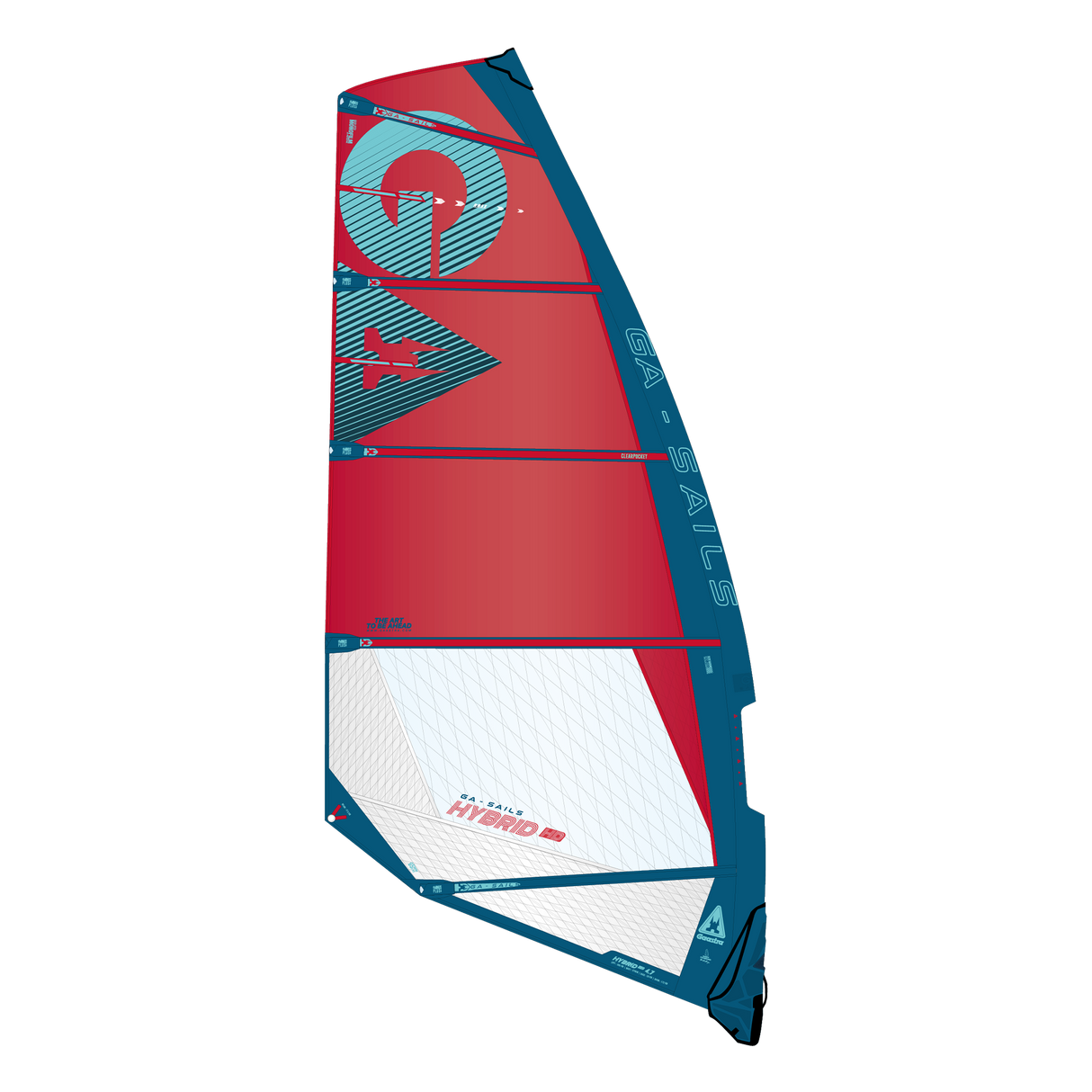 GA-Sails 2026 Hybrid HD Windsegel rot-weiß mit dunkelblauem Rahmen, Frontalansicht
