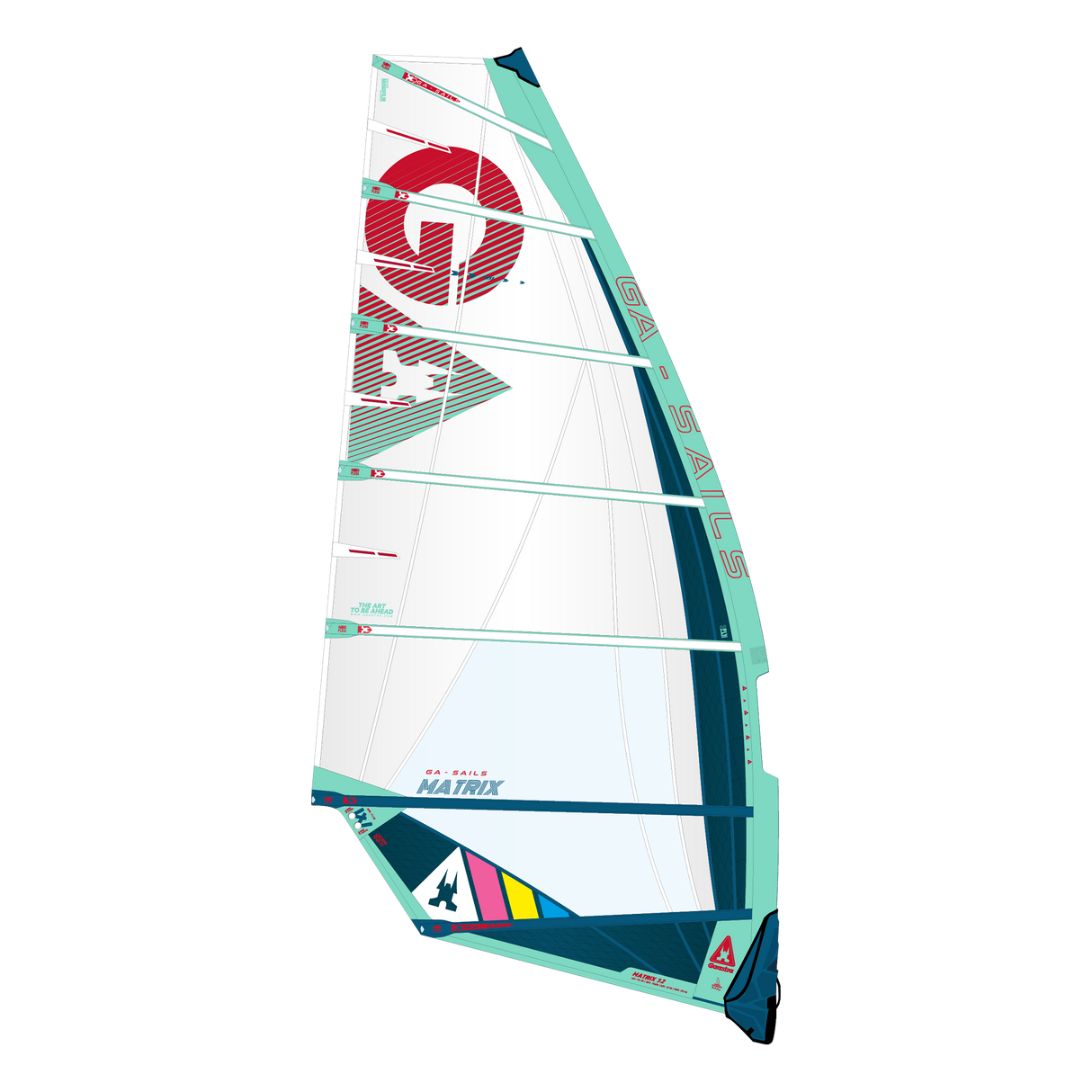 GA-Sails 2026 Matrix Windsegel weiß mit roten und türkisen Designelementen, Frontalansicht