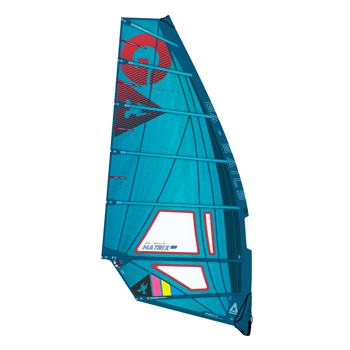 GA Sails Matrix ME LTD MTE 2025/26 Windsegel in Blau und Rot, Frontansicht mit Fenster und Designelementen