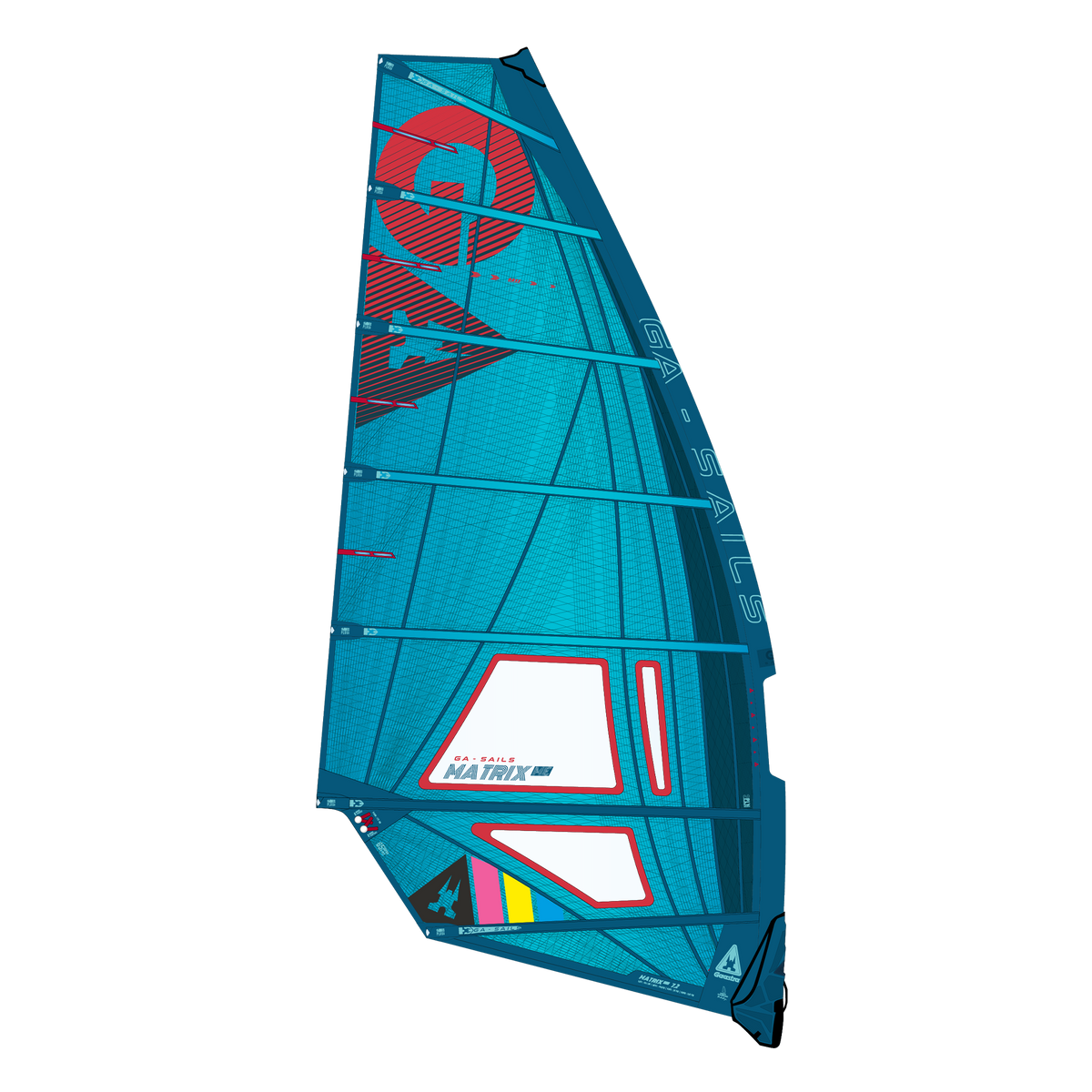GA Sails Matrix ME LTD MTE 2025/26 Windsegel in Blau und Rot, Frontansicht mit Fenster und Designelementen