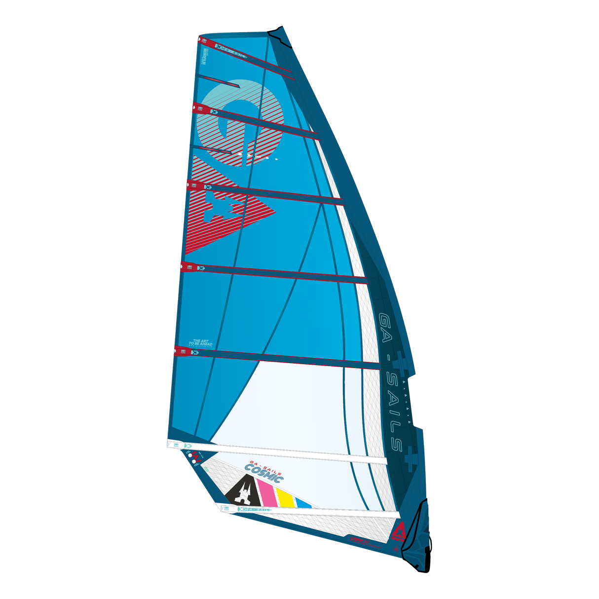 GA-Sails Cosmic 2026 Windsegel in Blau und Weiß mit roten Designelementen, Frontansicht