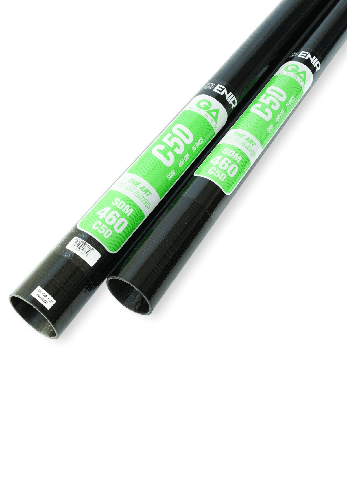 GA Masts 2026 50 SDM Windsurf-Mast schwarz mit grünem Label, Detailansicht von zwei Masten nebeneinander