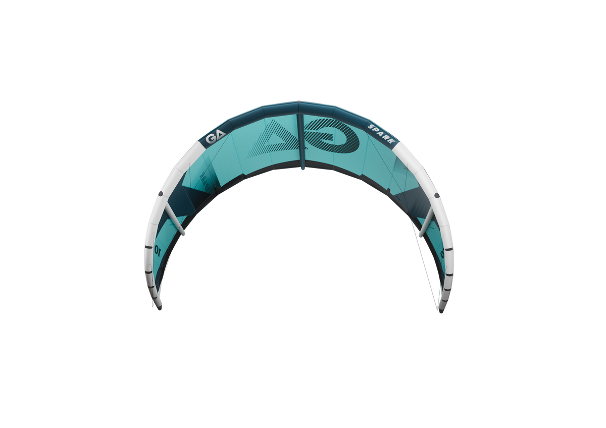 GA-Kites Spark 2026 Lenkdrachen Türkis Weiß Frontalansicht Kitesurfing Material Sportgerät