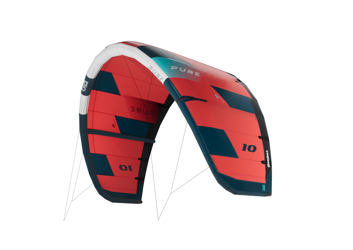 GA-Kites Pure 2026 Kiteschirm rot-schwarz mit weißen Leinen, Frontalansicht