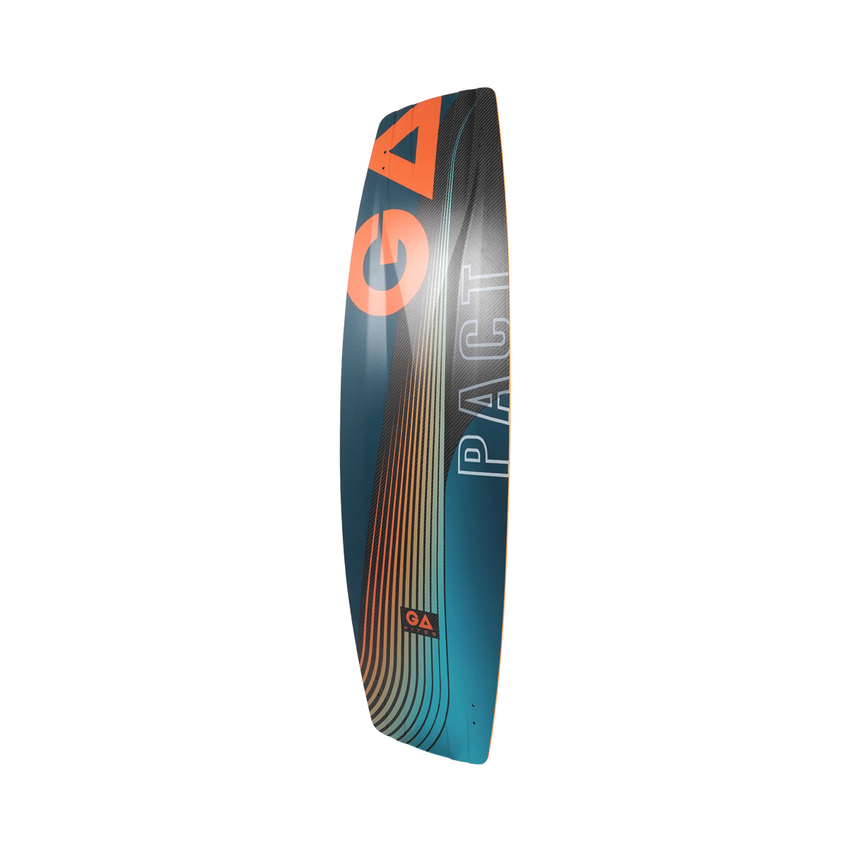 GA 2026 Kiteboard Pact Bd, Orange-Blau-Schwarz, Seitliche Ansicht des Boards mit Rippenstruktur