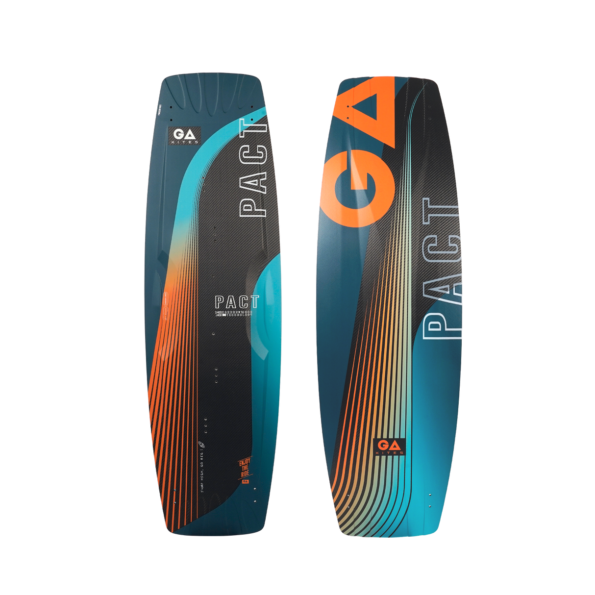 GA 2026 Kiteboard Pact Bd in Blau, Orange und Schwarz, beide Seiten sichtbar, mit Farbverlauf und Textilmuster