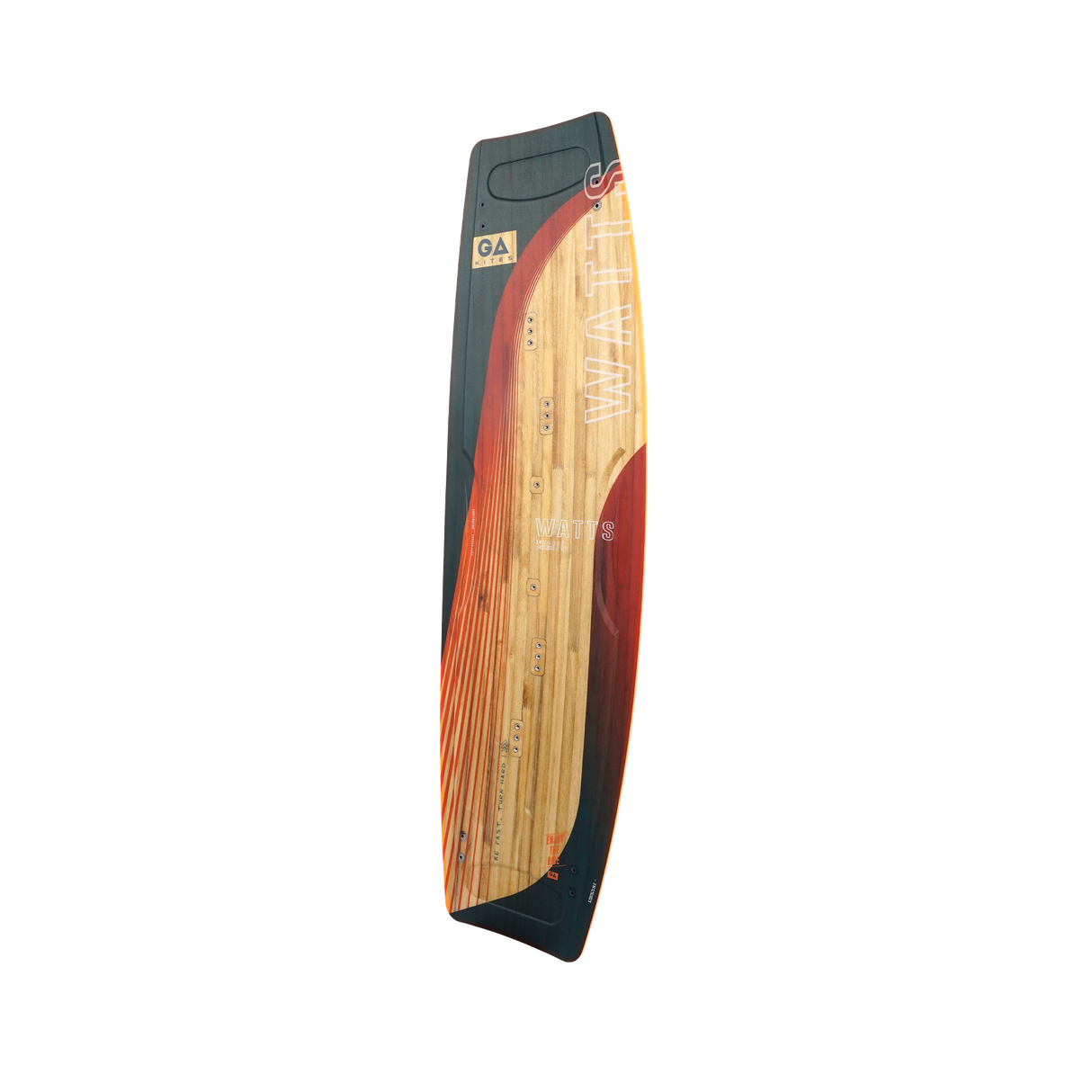 GA Kiteboard Watts Bd 2026, Holzdekor mit rot-schwarzem Design, Draufsicht