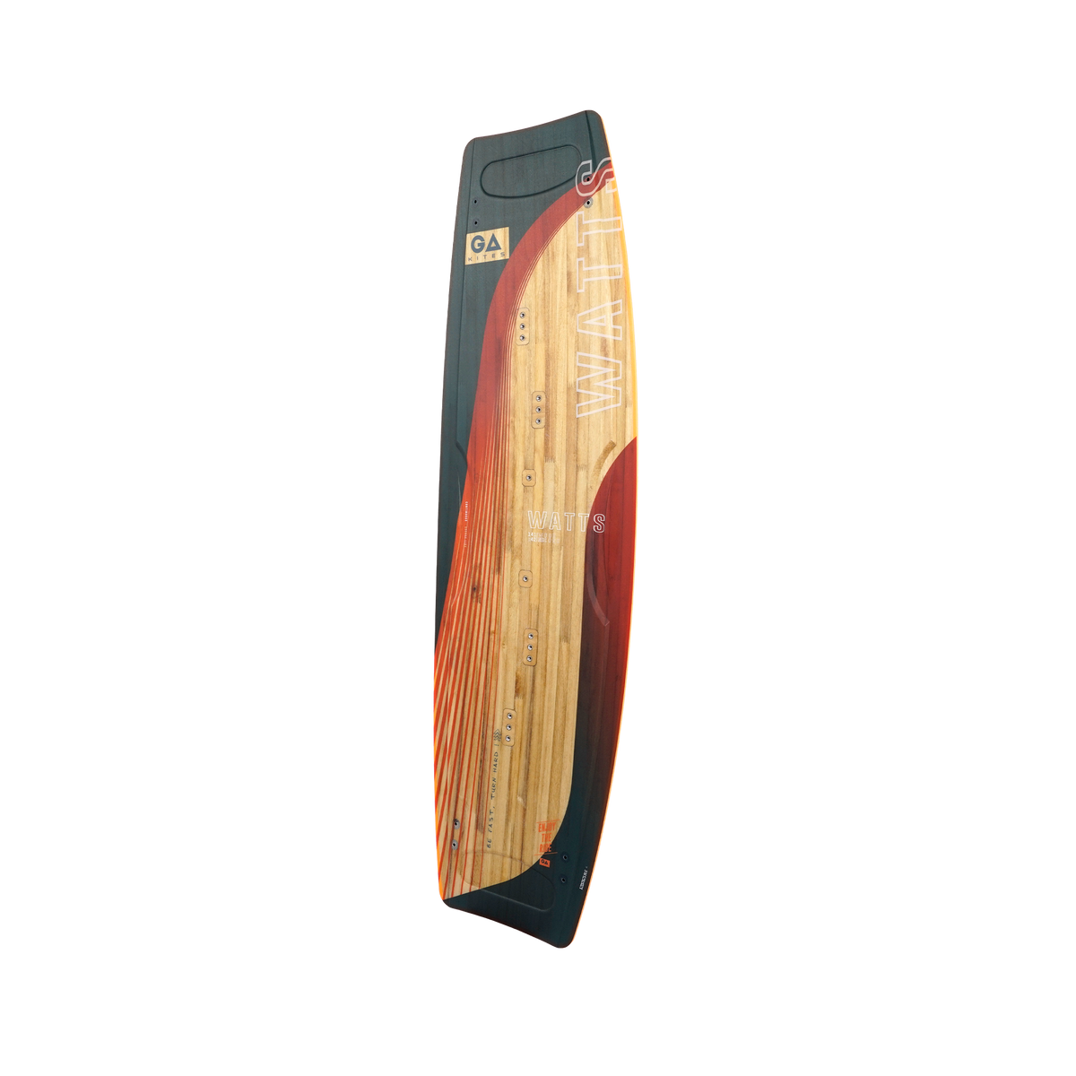 GA Kiteboard Watts Bd 2026, Holzdekor mit rot-schwarzem Design, Draufsicht