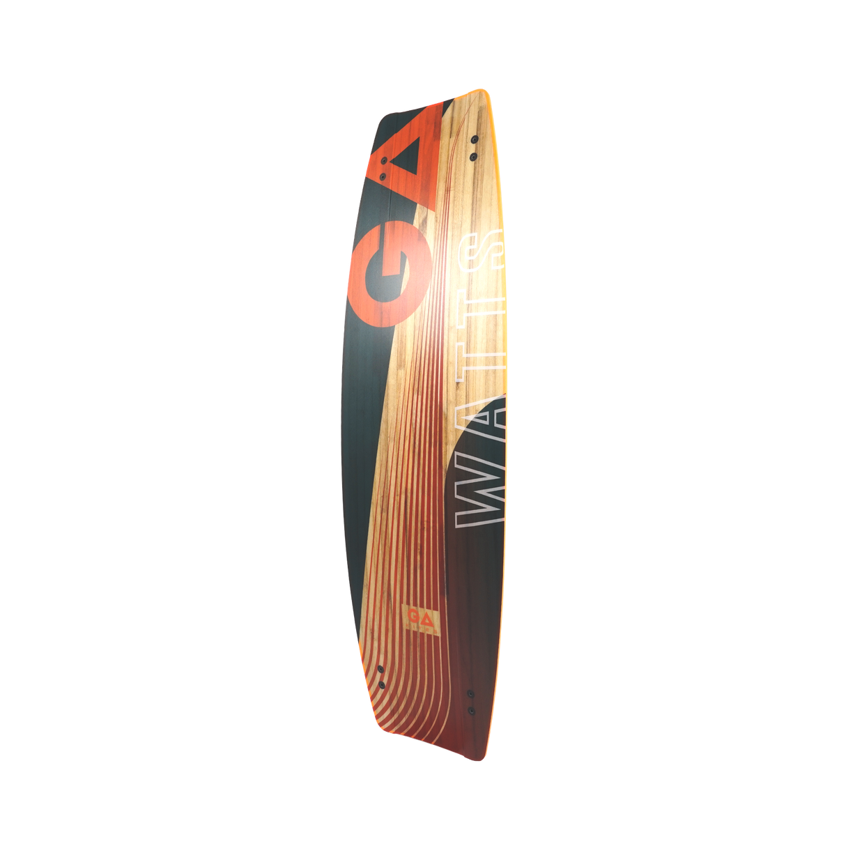 GA Kiteboard Watts Bd 2026 mit schwarzem und orangenem Design, Holzoberfläche, Seitenansicht