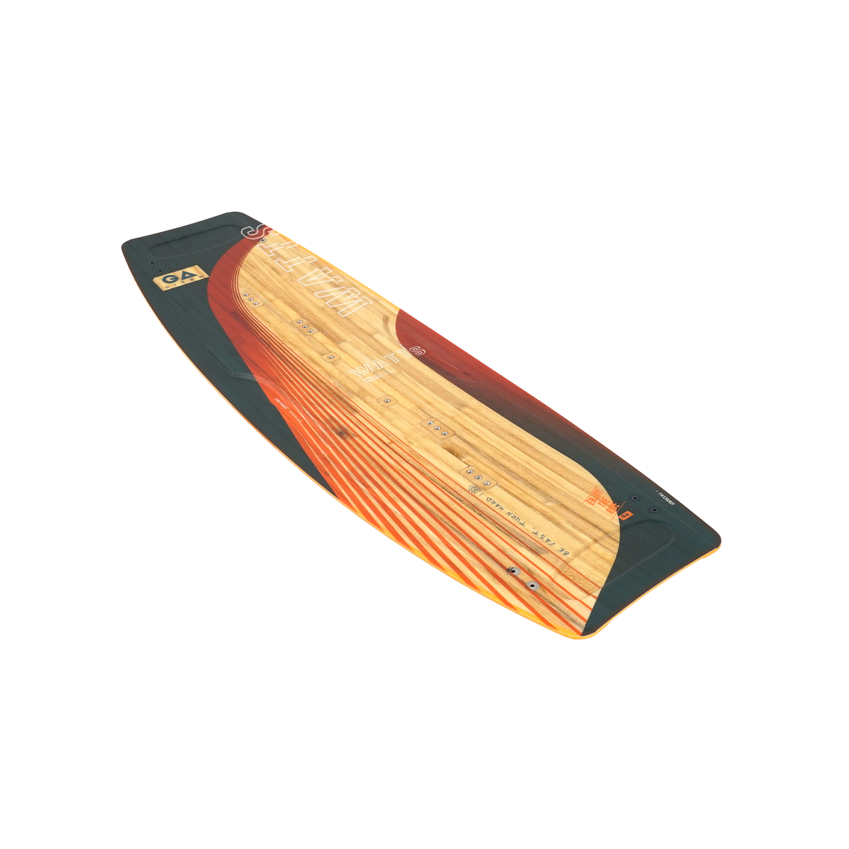GA Kiteboard Watts Bd 2026 mit Holzoberfläche, schwarzen Kanten und rotem Design, Draufsicht