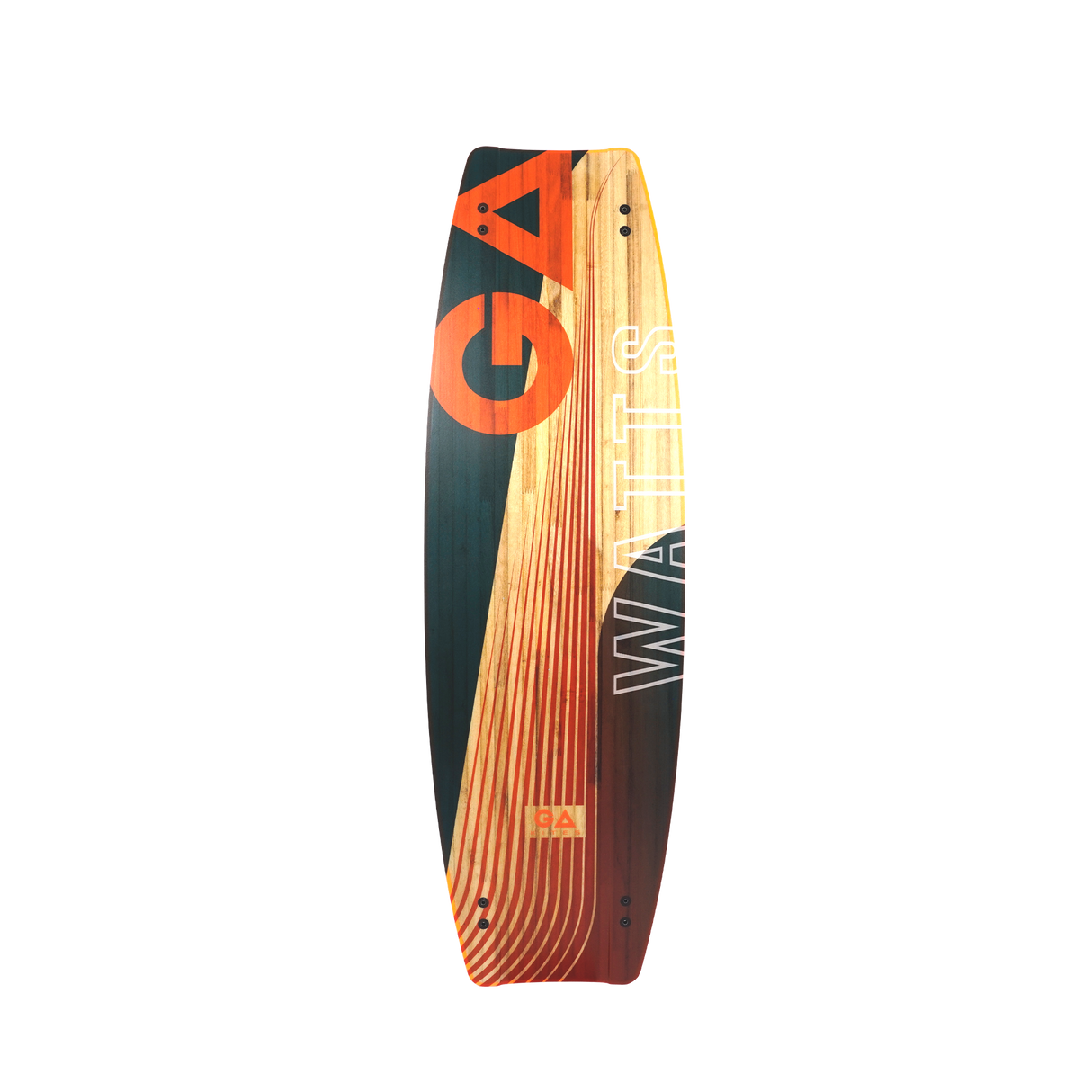 GA Watts Kiteboard 2026 in Orange und Schwarz mit Holz-Optik, Draufsicht auf das Board mit sichtbarem Design und Finnen-Slots