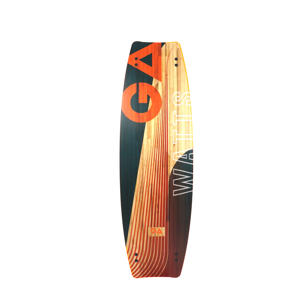 GA Watts Kiteboard 2026 in Orange und Schwarz mit Holz-Optik, Draufsicht auf das Board mit sichtbarem Design und Finnen-Slots