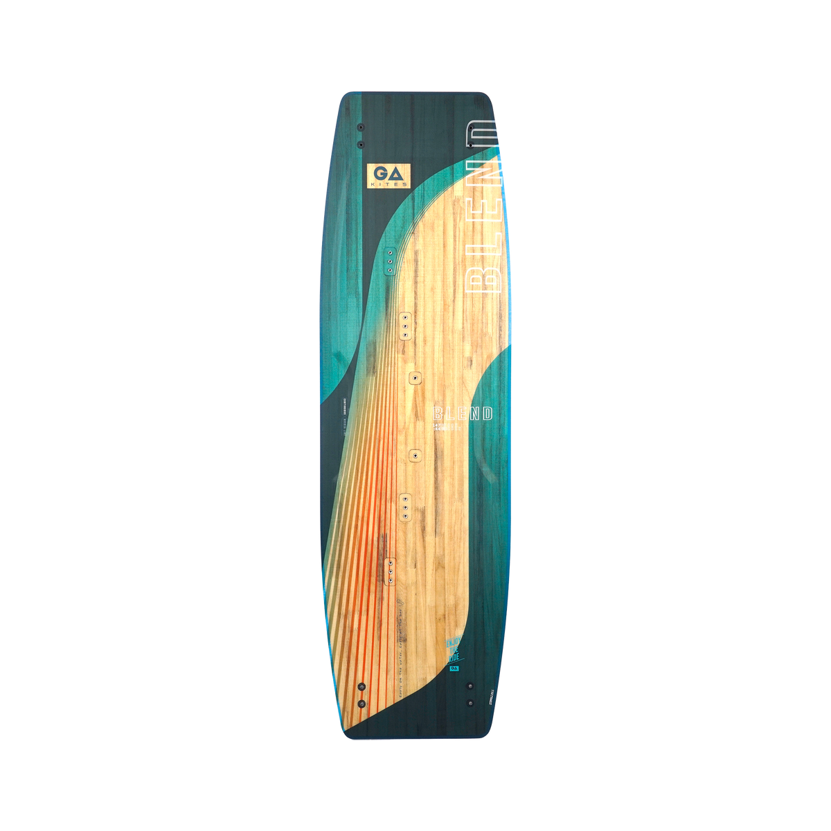 GA 2026 Kiteboard Blend mit Holzoberfläche, Petrol-Blau und Naturholz, Draufsicht