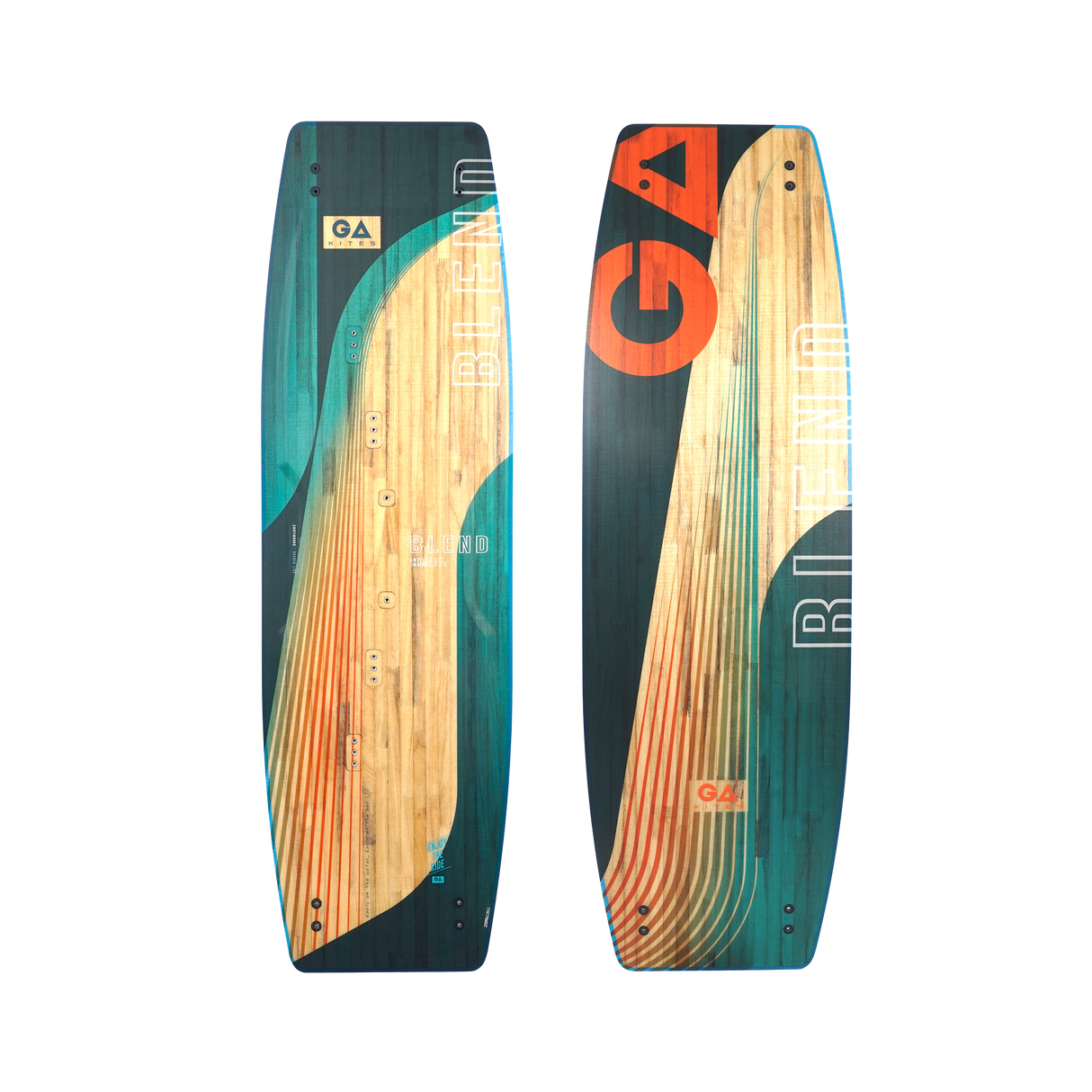 GA 2026 Kiteboard Blend, Holzoptik mit Petrol und Orange, Draufsicht beider Seiten
