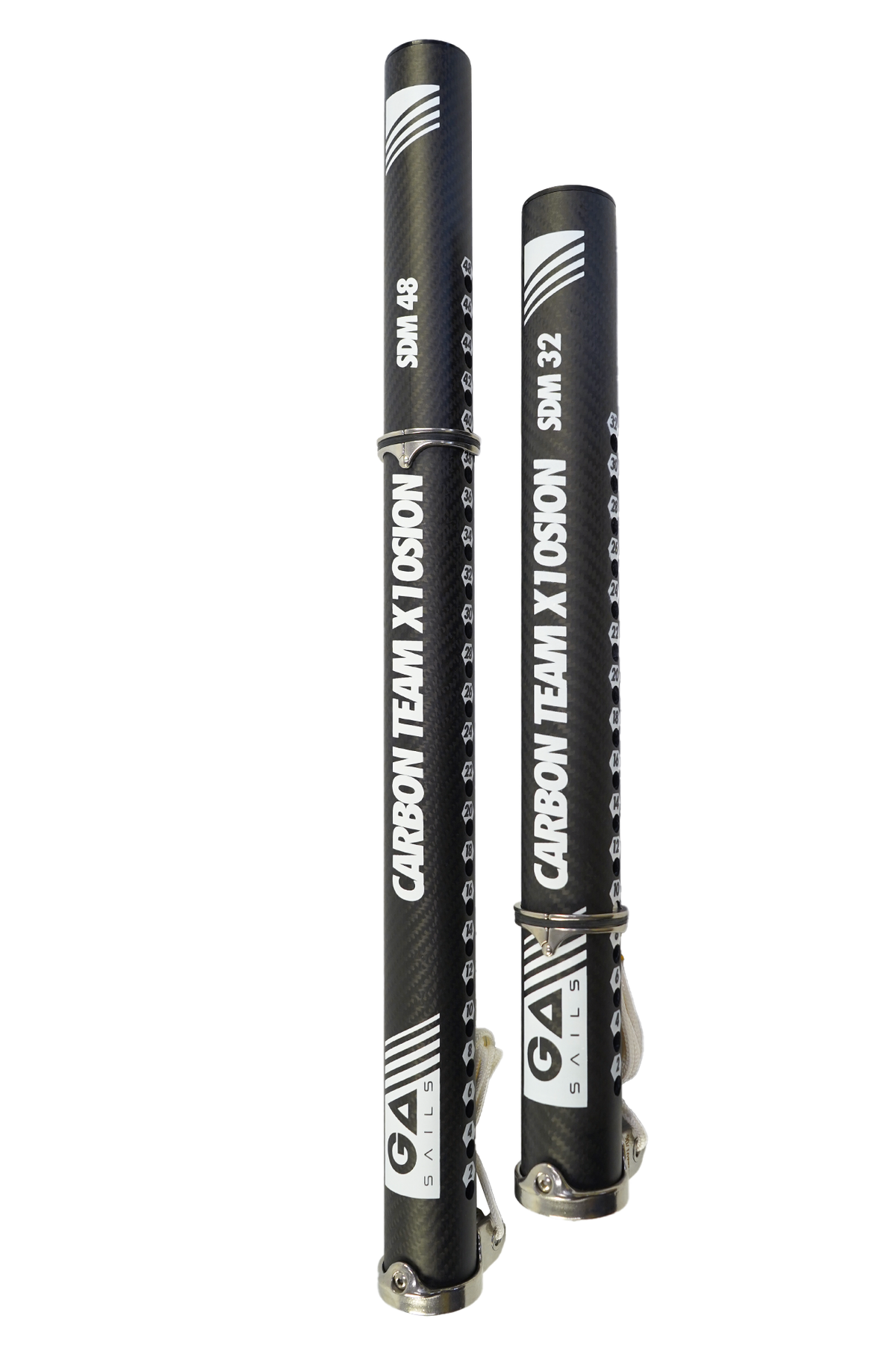 GA 2026 Extension TEAM Carbon Rohre in Schwarz, zwei verschiedene Längen nebeneinander, Carbonmaterial mit weißen Markierungen