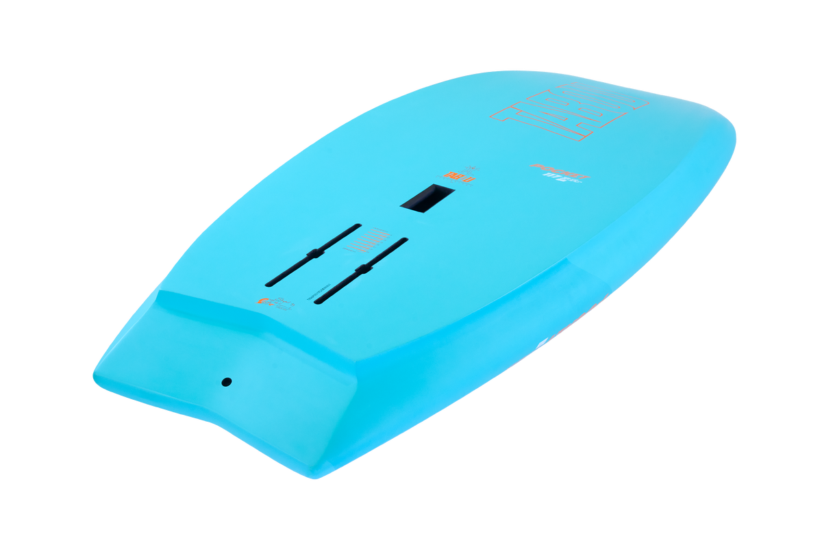 Tabou 2026 Pocket Wing Foil MTE hellblaues Wingfoil Board mit schwarzen Finnen Slots, Draufsicht