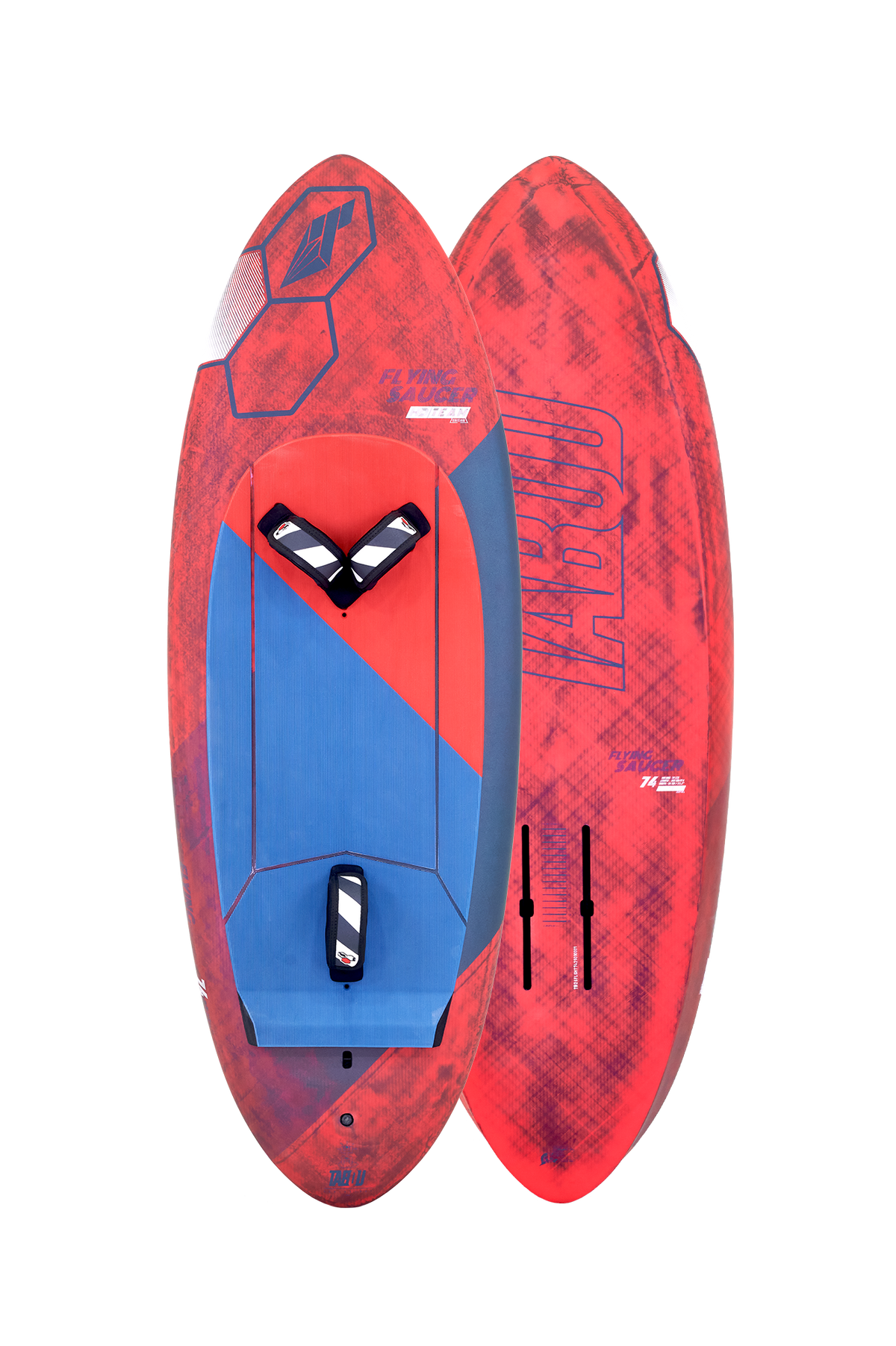 Tabou 2026 Flying Saucer TEAM Kite, rot mit blauem Design, Draufsicht auf das ovale Kiteboard mit strukturiertem Muster