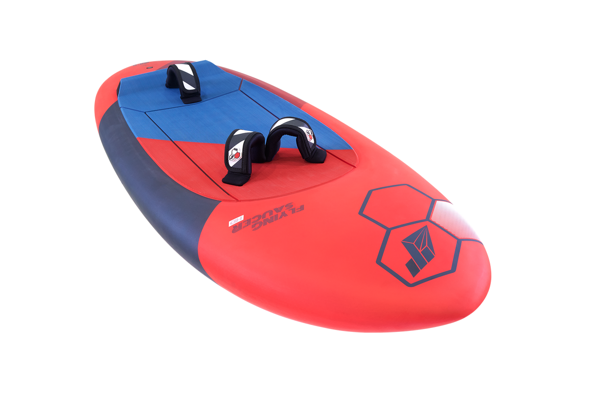 Tabou 2026 Flying Saucer Kiteboard rot-blau mit schwarzen Griffen, Draufsicht